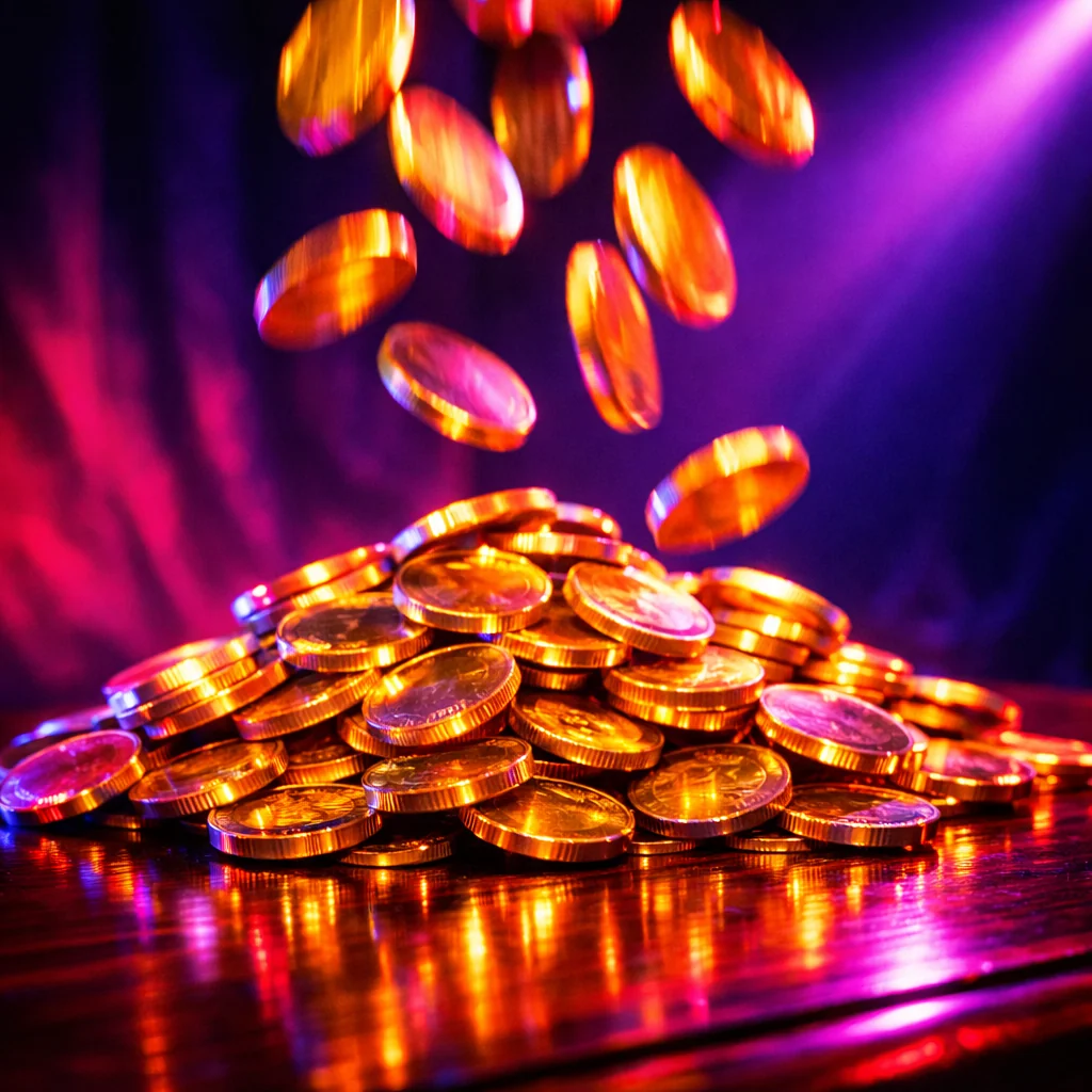 Neon gouden munten vallen in synthwave casino sfeer