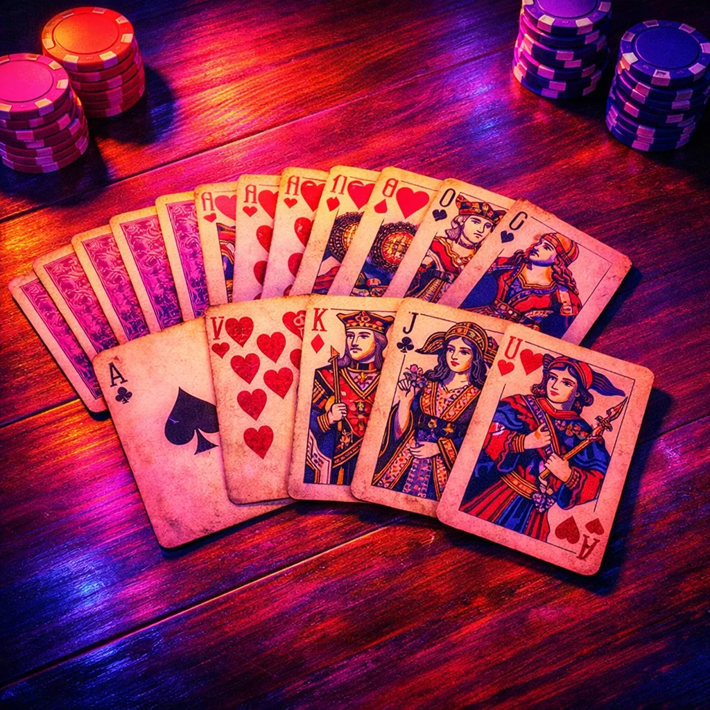 Uitgewaaierde speelkaarten op neon tafel voor Nederlandse spelers